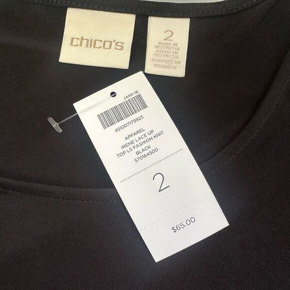Chico’s Apparel Irene Lace up LS Top Solid Black size 2‎ NEW! Large srp $65 - Picture 6 of 8